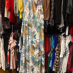 Sleeveless Floral Maxi Dress in Teal and Mustard